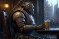 Robot drinking a beer in a bar illustration generative ai