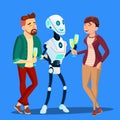 Robot Drinking Champagne And Laughing At Party With Man And Woman Vector. Isolated Illustration