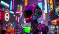 Robot drinking coffee at cafe, futuristic cyberpunk scene Generative AI