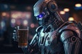 Robot drinks beer in bar like a human. Tired humanoid robot sitting at pub table with glass of beer. Created with