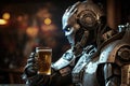 Robot drinks beer in bar like a human. Tired humanoid robot sitting at pub table with glass of beer. Created with