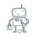 Robot electrician, electricity. Battery. Robot fix repair. Page not found error 404. Hand drawn sketch vector line