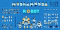 Robot elements kit. Cute cyborg character and different replacement parts, heads, torsos, arms and legs, robot