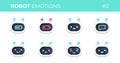 Robot emotions set. Cute robots head avatar. Chat bot with different faces. Simple modern icon design. Cartoon character isolated