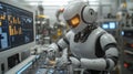 Robot engineer calibrating systems in a tech-filled lab