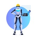 robot engineer in helmet using laptop modern robotic character artificial intelligence concept