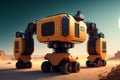 robot with excavator mining robot holding fresh yellow spring dandelion manipulator arm, while standing on sandy surface in desert