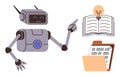 Robot Explaining Data with Open Book, Lightbulb, and Binary Code Folder Royalty Free Stock Photo