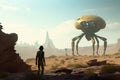 robot, exploring alien landscape, with strange and otherworldly creatures in the distance