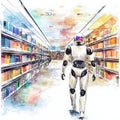 Robot exploring a colorful library, a future of knowledge and learning Royalty Free Stock Photo