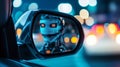 Robot face in car s rearview mirror representing autonomous driving and the future of robotaxis Royalty Free Stock Photo