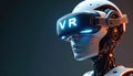 Robot face wears virtual reality glasses. Concept of vr entertainment, online games. Android augmented reality design. Digital Royalty Free Stock Photo