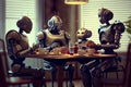 robot family having dinner at home. Futuristic humanoid robotic family lunch time.