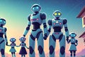 Robot family walking outdoor. Generative Ai