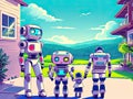 Robot family walking outdoor. Generative Ai