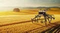 A robot farmer harvesting ripe crops in a golden field, using specialized harvesting tools integrated into its robotic frame.