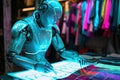 A robot fashion designer sketching futuristic clothing lines with a digital pen on a holographic display