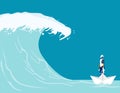 Robot find barriers to success. Concept business vector illustration, Paper boat, Tsunami Wave, Challenge