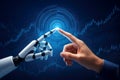 Robot finger and human finger touching on a digital interface with stock market data artificial intelligence Royalty Free Stock Photo