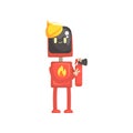 Robot fireman character, android in red uniform holding extinguish in its hands cartoon vector illustration