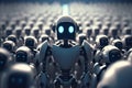 A robot in front of a crowd of robots. The robotic army of the future concept. Created with Generative AI technology