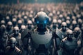 Robot in front of a crowd of robots. Robotic army of the future concept. Created with Generative AI technology