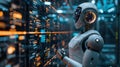 Robot in a futuristic data center surrounded by glowing server racks and digital interfaces, symbolizing advanced AI and
