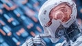 A robot with a futuristic head and brain is looking at something, AI