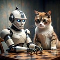 Robot Gambit: Outwitting a Grumpy Cat A Feline Challenge in the Game of Kings Royalty Free Stock Photo