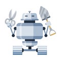 Robot gardener on wheels holding pruner, shovel cartoon icon. Android caring for plants.