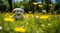 A robot gently sniffing a flower in a serene open space with ample room for text Royalty Free Stock Photo