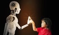 A robot and a girl\'s hands touch and connect on binary code background. Smart AI, Machine learning, and Chatbot. Artificial