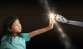 A robot and a girl's hands touch and connect on binary code background. Smart AI, Machine learning, Chatbot. Artificial Royalty Free Stock Photo