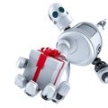 Robot giving a gift box. Isolated. Contains clipping path