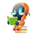 Robot in glasses reading book in library, clip art