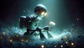 Robot examining a flower in a mystical underwater scene Royalty Free Stock Photo