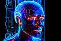 Robot with glowing eyes and head in front of background of blue and red lights. Generative AI Royalty Free Stock Photo