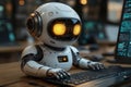 Robot with glowing eyes working at a computer in a modern office environme Royalty Free Stock Photo