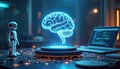Robot and glowing human brain hologram symbolize AI future. Laptop with code shows tech progress. Digital innovation merges man Royalty Free Stock Photo