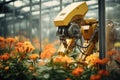 A robot in the greenhouse tends to blooming flowers, exemplifying the future of sustainable farming, where technology