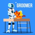 Robot Groomer Assistant Washing Pet Dog With Washcloth Vector. Isolated Illustration