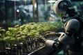 The robot grows vegetables in a modern futuristic greenhouse. generative AI