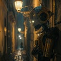 Robot guardian in old city, night, under streetlamp, noir style, deep shadows, gold tint Royalty Free Stock Photo