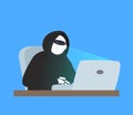 Robot hacker in black hoodie using laptop cyber attack internet security vector Royalty Free Stock Photo