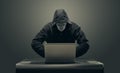Robot hacker hiding in hood hacking computers