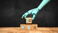 Robot hand adding a cube with message SMART HOME to a stack of others with home appliances symbols - 3d illustration