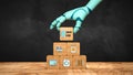 Robot hand adding a cube with message SMART HOME to a stack of others with home appliances symbols - 3d illustration