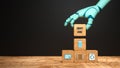 Robot hand adding a cube with message SMART HOME to a stack of others with home appliances symbols - 3d illustration