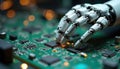 Robot hand assembles electronic circuit board with many chips. Artificial intelligence tech concept. Close up of robotic arm Royalty Free Stock Photo