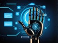 robot hand on blue background with virtual web browser interface, 3d rendering